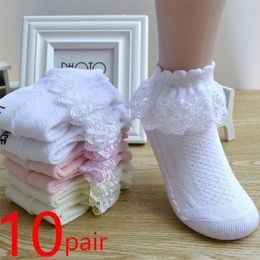 10 Pairs/lot Breathable Cotton Lace Ruffle Princess Mesh Socks Children Ankle Short Sock White Pink Blue Baby Girls Kids Toddler LJ200828