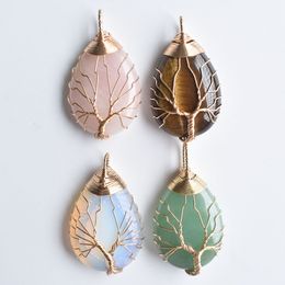 Natural Stone Charms Crystal Tree of Life Pendants Roses Quartz Gold Wire Wrapped Trendy Jewellery Making Wholesale