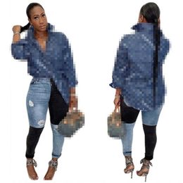 Brand Casual Printed Fashion Letter Printing Long Sleeve Ladies Sexy Nightclub Womens Denim Shirts Jeans Tops Blouses Size S-2XL
