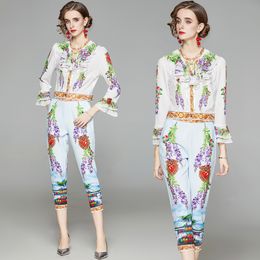 Printed Shirt+pants High-end Womens Two Piece Set 2021 Spring Summer Ruffled Printed Blouse Pant Fashion Lady Suit