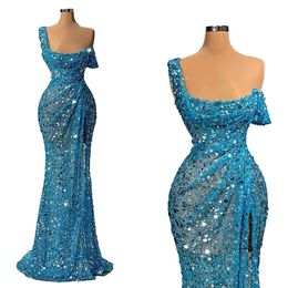 nude collar dress Australia - Luxury Mermaid Evening Night Evening Dresses for Women 2022 Sparkly Sequin Blue One Shoulder Short Sleeves Formal Prom Party Gowns