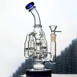 Thick Bent Neck Glass Bongs 9 inch Blue Smoking Pipe Colourful Hookahs Comb Perc Percolator Recycle Water Pipes with 14mm Glass Clear Bowl for Smokers Gift