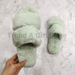 Women Winter Slippers Solid Fluffy Cross Plush Open Toe Slides Soft Flat Female Warm Faux Fur Slipper Home Shoes Y2 28