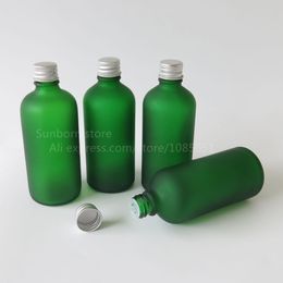 10 x 100ML green frosted boston round glass bottlw with Aluminium screw caps 3.33oz Frost Glass Container