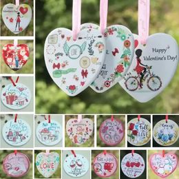 Valentines Day Pendant Ornaments Party Gifts Round Heart-shaped Ceramic Ornament DIY Gift Fall In Love Hanging Pendants Free DHL WHT0228
