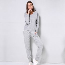 Knitted Set Women's Autumn winter Woolen and Cashmere Knitted Suit V neck Sweater Tracksuit Women Hoodies Two-Piece Set knit 201113