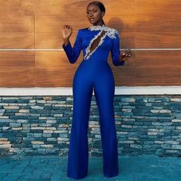 Blue Sheath Jumpsuits Prom Dresses Beaded Long Sleeves Black Girl High Neck African Evening Gowns With Pants Satin Plus Size Formal Dress