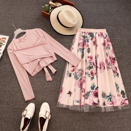 New 2019 Elegant Pink 2 Piece Set Women Sweet Cross Bowknot Irregular Crop Top T Shirt + Mesh Floral Tulle Long Skirts Suits T200702