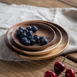 Round Solid Wooden Dinner Plates Fruit Dishes Table Service Saucer Tea Tray Dessert Breakfast Plate Tableware Set 1 PC 201217