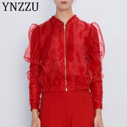 YNZZU Chic Red Bomber Jacket Women New Spring Autumn Casual Zipper Loose Female Jacket Streetwear Coat Women A1222