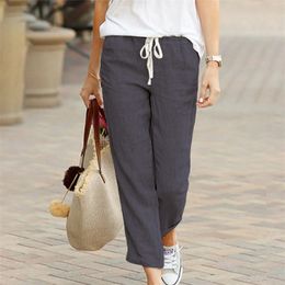 LASPERAL Spring/Summer Woman Pant Cotton Linen Solid Elastic waist Candy Colors Trousers Soft high quality for Female lady 201111