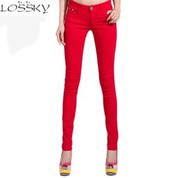 Осенние эластичные женщины карандаш джинсы брюки конфеты цветные середины талии молния стройная подходит тощая женская джинсовая мода полная длина брюки LJ201012