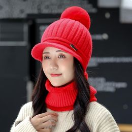 Winter Women Knitted Beanie Visor Hat Scarf 2 Pieces Set Thick Warm Beanies Skullies Hat Plain Knit Stripe Bonnet Female Caps