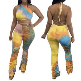 Ladies Backless Sets Fashion Trend Halter Sleeveless Tops Folded Flared Trousers Tracksuits Designer Female New Casual Loose Pant 2pcs Suits