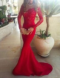 Sexy Red Trumpet Prom Dresses For Women Top Appliqued Lace Long Sleeves Sweep Train Mermaid Formal Party Evening Gowns Vestidos de festa