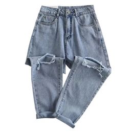 Button Hole High Waist Loose Casual Pencil Women's Jeans Trousers Denim Korean Flabby Light Blue Ripped Pants 201223