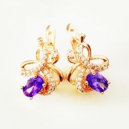 Flower Shape Women Earrings Jewelry Purple Stone Office Style Rose Gold 585 Color Jewelry Korean Drop Earrings