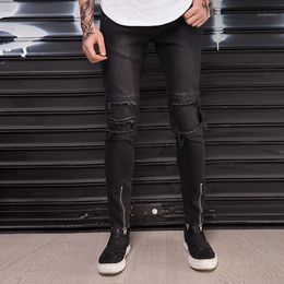 Men's Jeans Vintage Men Skinny Style Hem Zipper Biker Motorcycle High Quality Ripped Knee Stretch Joggers Hip-hop Denim Pants