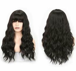 Black Wavy Wig for Women, Black Wig with Bangs Long, Heat Resistant Wig