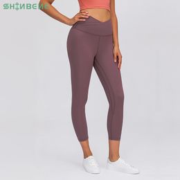 SHINBENE V-TYPE High Waist Sport Workout Gym Tights Women Naked-feel Buttery-soft Yoga Fitness 7/8 Length Legging Inseam 21" 201202