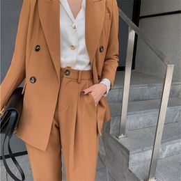 Spring Office Two-piece Blazer Pant Suit Fashion Solid Women Blazer Suits Long Sleeve Double Breasted Blazer Pants Set 200923