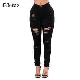 Dilusoo Women Ripped Denim Jeans Pecil Pants Holes Jeans Europe Slim Elastic Pants Full Length Trousers woman casual Jeans lady 201105