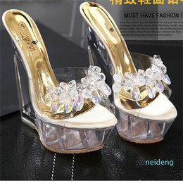 14cm Luxury Handmade Crystal Shoes Beaded Wedge Heel Clear Sandals Women Designer Mules Bridal Wedding Shoes Come With Box 2022