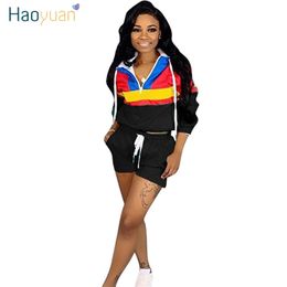 HAOYUAN Plus Size Two Piece Set Tracksuit Women Fall Hooded Top and Biker Shorts Sweat Suit Sexy 2 Piece Outfits Matching Sets T200325