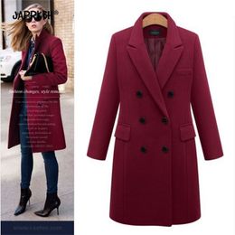 Plus Size Autumn Winter Women Casual Solid Wool Jackets Blazers Female Elegant Double Breasted Long Coat Ladies Cloth Y201001
