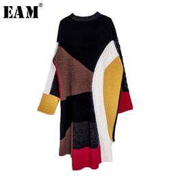 [EAM] Women Colorful Irregular Knitting Big Size Dress New Round Neck Long Sleeve Loose Fit Fashion Autumn Winter 13S828 201127