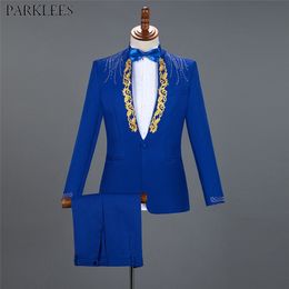 Diamond Royal Blue Men Suit Set Gold Embroidered Wedding Mens Slim Fit Tuxedo Mens Suits with Pants Prom Show Stage Costume Male 201106