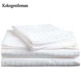 100% Cotton bedding set satin strip Luxury White Hotel bed linen Twin Queen Full King Size Duvet cover&Fitted sheet&Pillowcase Y200111