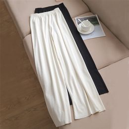 Calças femininas de perna larga de alta qualidade cintura completa solta branco preto casual longo gelo seda calças femininas 220214