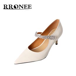 Dress Shoes Pointy Stiletto Heels For Women 2022 Temperament Goddess Style One Belt Middle Heel Rhinestones Single