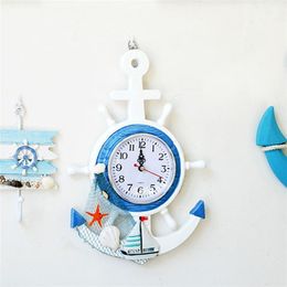 Mediterranean Style Anchor Clock Wall Clock Beach Sea Theme Wall Hanging Decoration (Blue And White) LJ201208