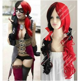 Batman Harley Quinn Red Black Long Wave Cosplay Party Wig Hair