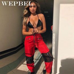 Wepbel Women Pants Clothing Red Black Mesh Patchwork Women Trousers Loose High Waist Zipper T200606