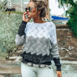Gold Hands New Women Vintage Splice Autumn Ladies Pullover Jumper Winter Long Sleeve Crewneck Knitted Pullover Sweater Free Ship 201030