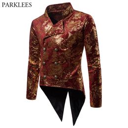 Mens Gold Gilding Red Tailcoat Suit Jacket New Double Breasted Lapel Dress Blazer Men Wedding Party Tuxedo Blazer Hombre 201104