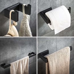 Matte Black Bathroom Accessories Set 4-pcs Towel Bar Wall Mounted Hardware Set Towel Ring Robe Hook toilet roll paper holder LJ201211