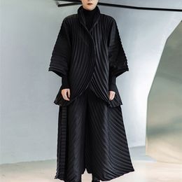 [EAM] Wide Leg Pants Pleated Two Piece Suit Turtleneck Long Sleeve Black Loose Fit Women Fashion Spring Autumn 1DE3064 220315