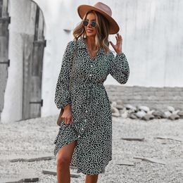 Casual Dresses Elegant For Women Spring Autumn Clothes Full Sleeve Turn-down Collar A-line Dress Floral Print Midi Rope Mujer