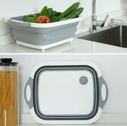 Chopping Blocks Collapsible Cutting Board with Dish Tub Colander Fruits Vegetables Wash and Drain Sink Storage Basket 4 in 1 Kitchen Gadget