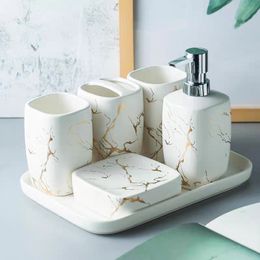 Marble Ceramics Bathroom Set 5pcs Soap Dispenser/Tooth brush Holder/Tumbler/Soap Dish Tray Bathroom decoration Accessories LJ201204