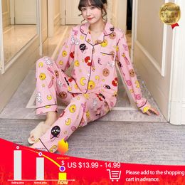 Spring Print Womens Home Wear Pink Long Sleeve Pocket Sweet Pajamas Sets Female Sleepwear Autumn Casual Ladies Home Clothes 201109