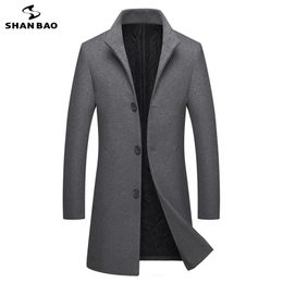 SHAN BAO brand clothing men's winter casual slim long wool coat stand-up collar single-breasted business gentleman coat M-4XL 201222