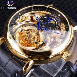 Forsining Golden Skeleton Clock Male Moon Phase Fashion Blue Hands Waterproof Men's Automatic Watches Top1