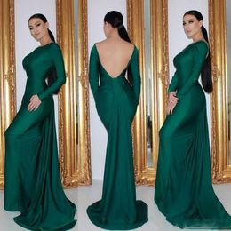 Cheap Simple Emerald Green Long Sleeves Open Back Evening Dresses Sweep Train Backless Prom Dress Formal Dress Wear Party Dress robes