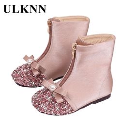 Girl pink winter Boots kid's crystal princess baby children's bowknot short boots children add flocking black shoe 211227