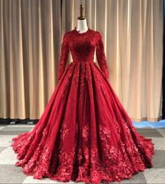 High Neck Red Ball Gown Arabic Wedding Dresses Long Sleeves Lace Tulle Modest Coloured Bridal Gowns Non White Custom Made